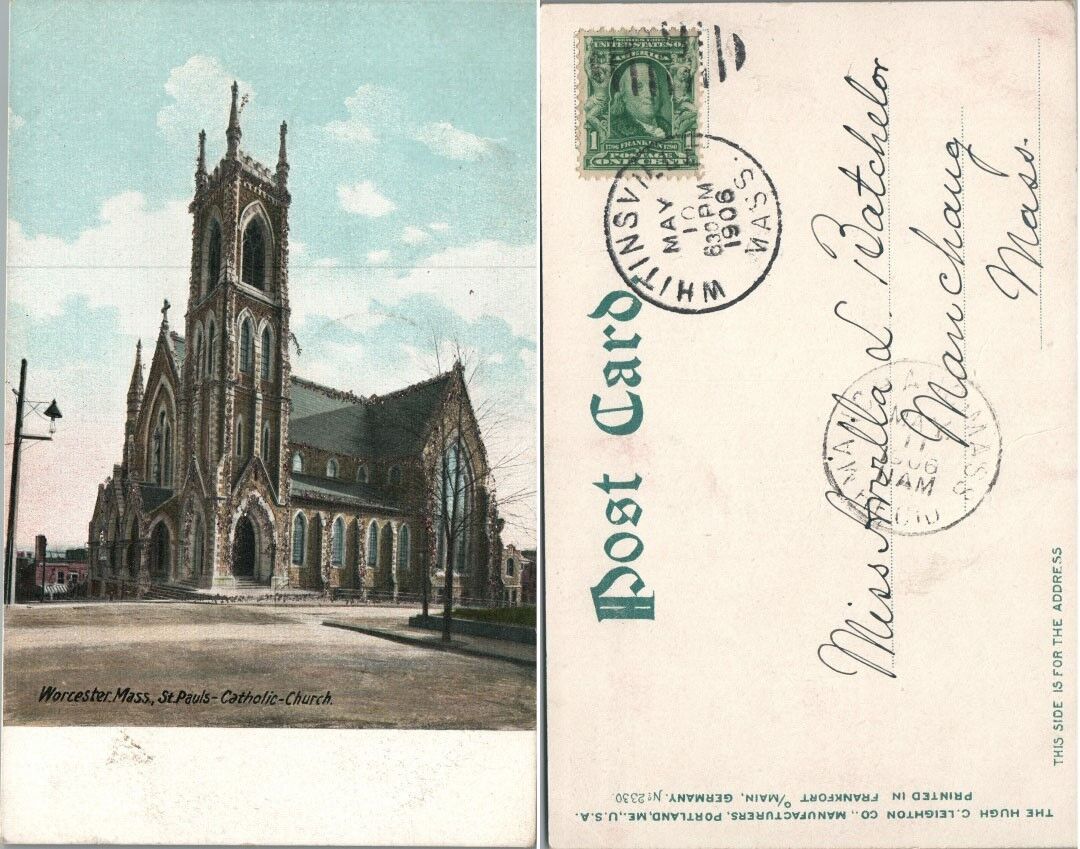 WORCESTER MA ST.PAUL'S CATHOLIC CHURCH 1906 ANTIQUE POSTCARD