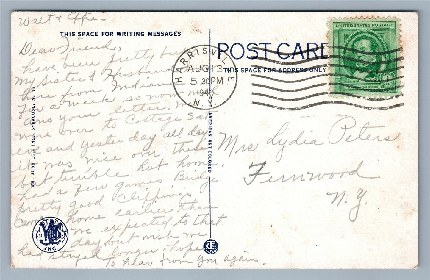 CARTHAGE NY PUBLIC LIBRARY 1940 VINTAGE POSTCARD