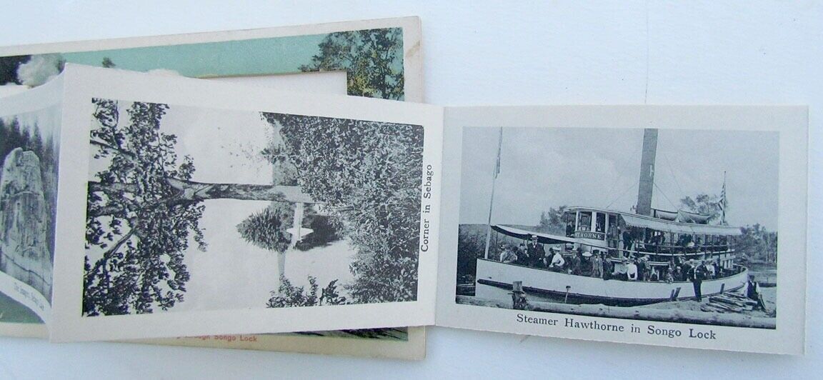 VINTAGE FOLDING POSTCARD STR. LONGFELLOW GOING THROUGH SONGO LOCK MAINE