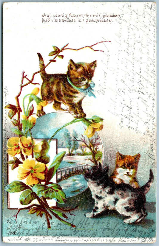 CATS w/ FLOWERS ANTIQUE POSTCARD w/ SWISS STAMP