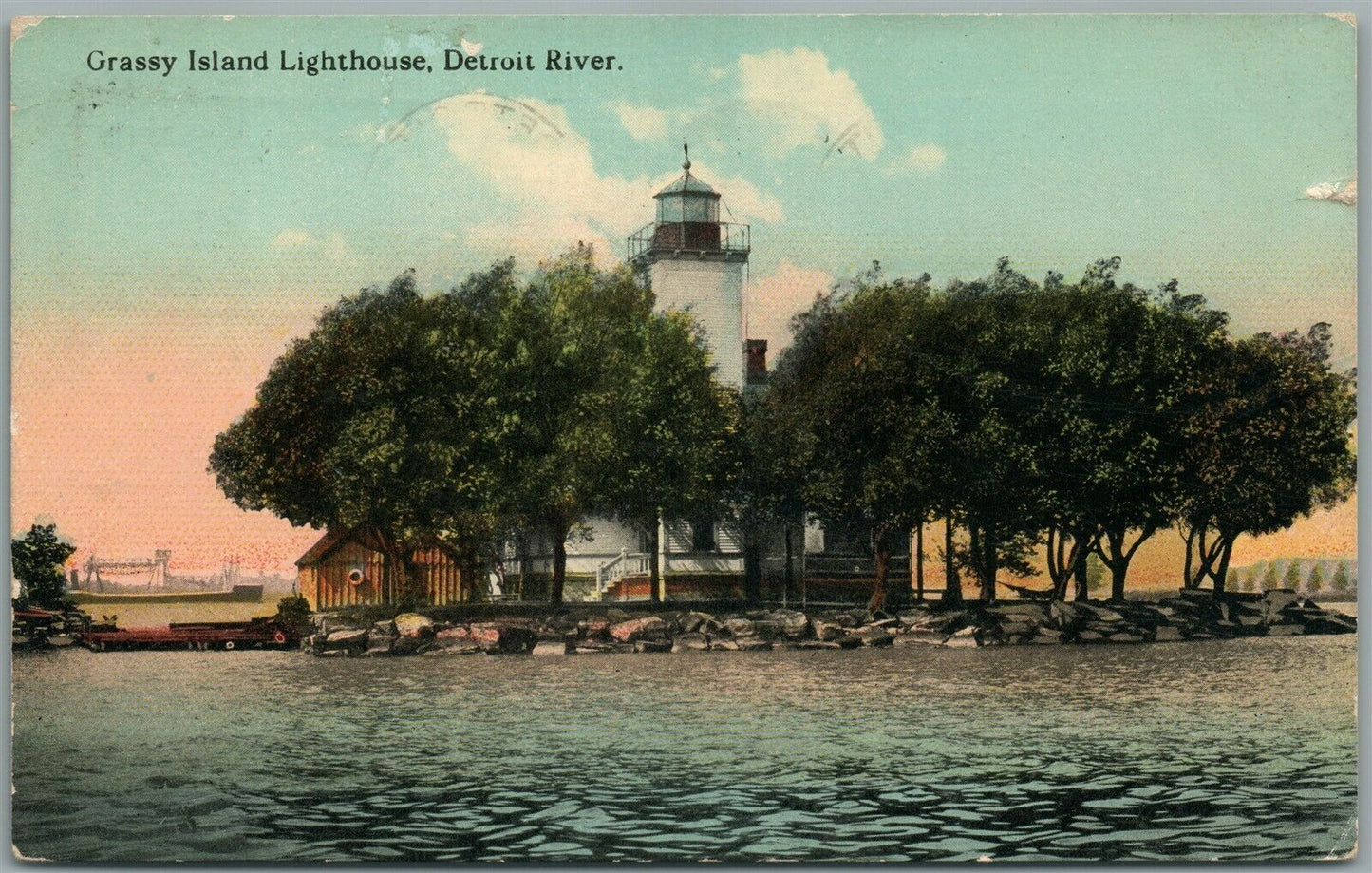 DETROIT RIVER MI GRASSY ISLAND LIGHT HOUSE ANTIQUE POSTCARD