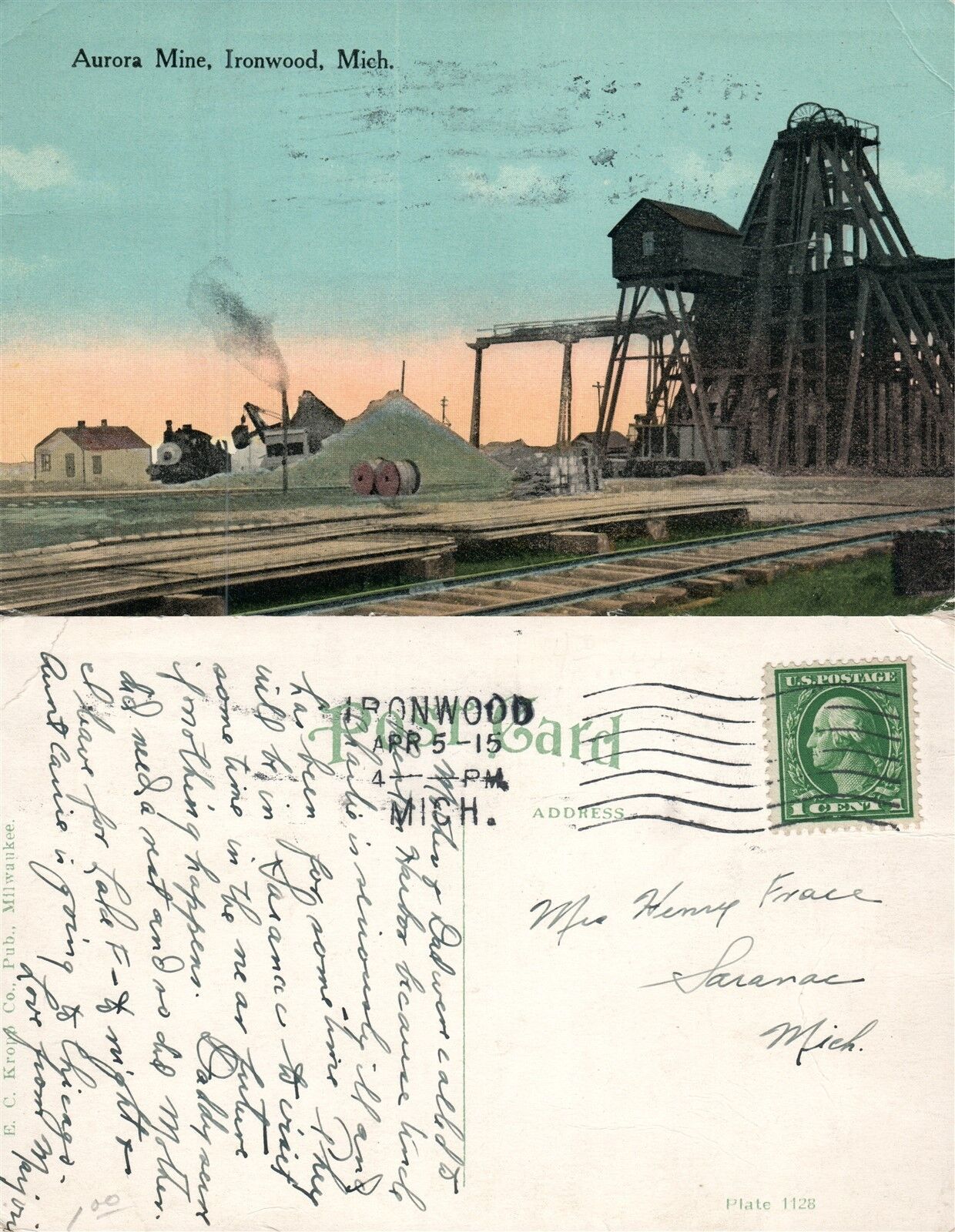 IRONWOOD MI AURORA MINE 1915 ANTIQUE POSTCARD