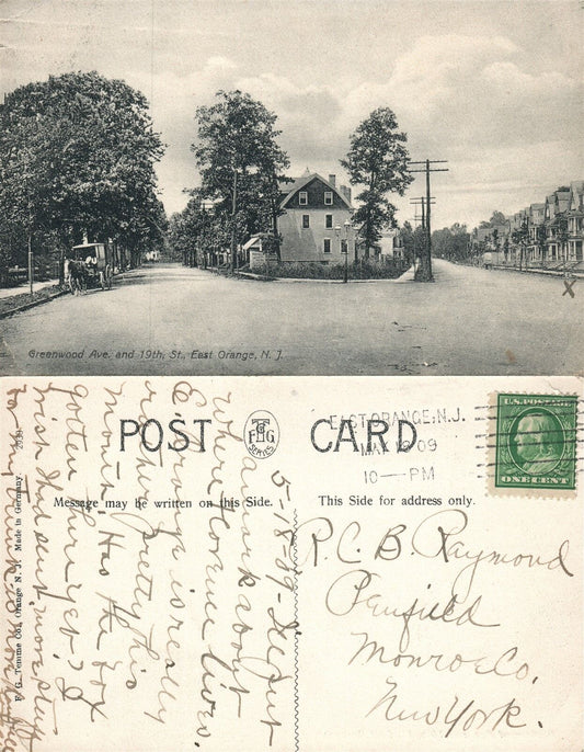 EAST ORANGE N.J. GREENWOOD AVENUE & 19th STREET 1909 ANTIQUE POSTCARD
