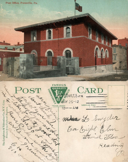 POTTSVILLE PA POST OFFICE 1912 ANTIQUE POSTCARD