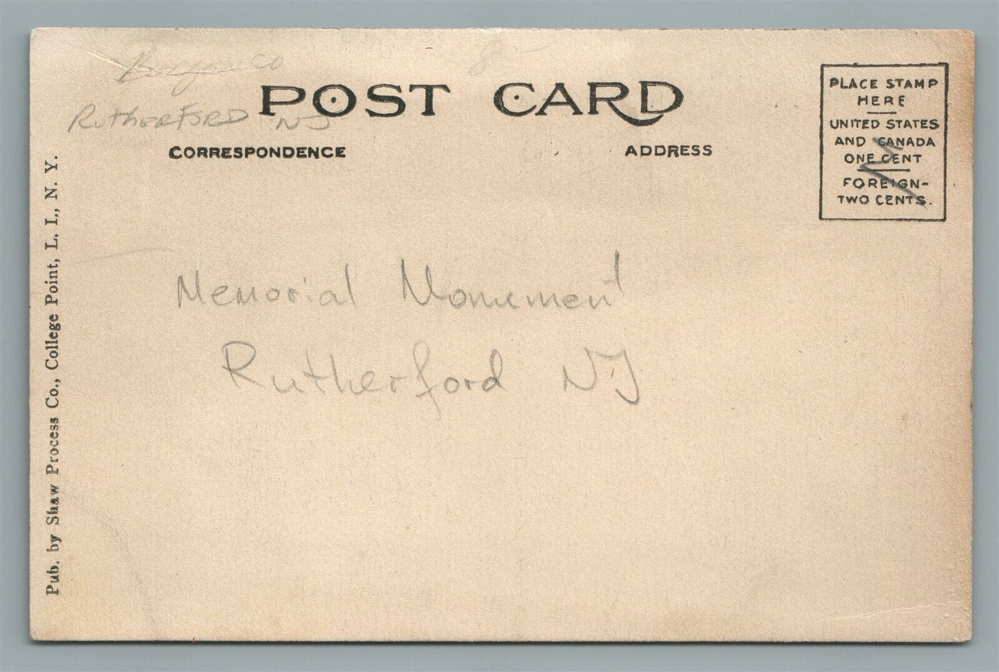 RUTHERFORD NJ MEMORIAL MONUMENT ANTIQUE POSTCARD