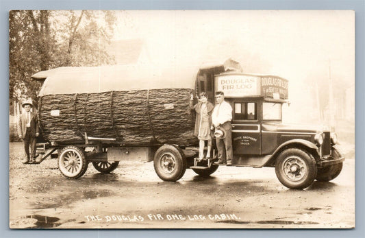 OLD TRUCK w/ DOUGLAS FIR LOG VINTAGE REAL PHOTO POSTCARD RPPC