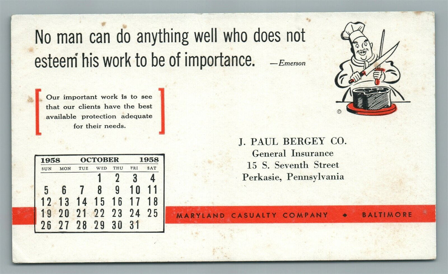 PERKASIE PA PAUL BERGEY INSURANCE CO ADVERTISING 1958 VINTAGE POSTCARD BALTIMORE