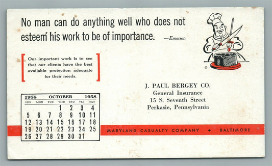 PERKASIE PA PAUL BERGEY INSURANCE CO ADVERTISING 1958 VINTAGE POSTCARD BALTIMORE
