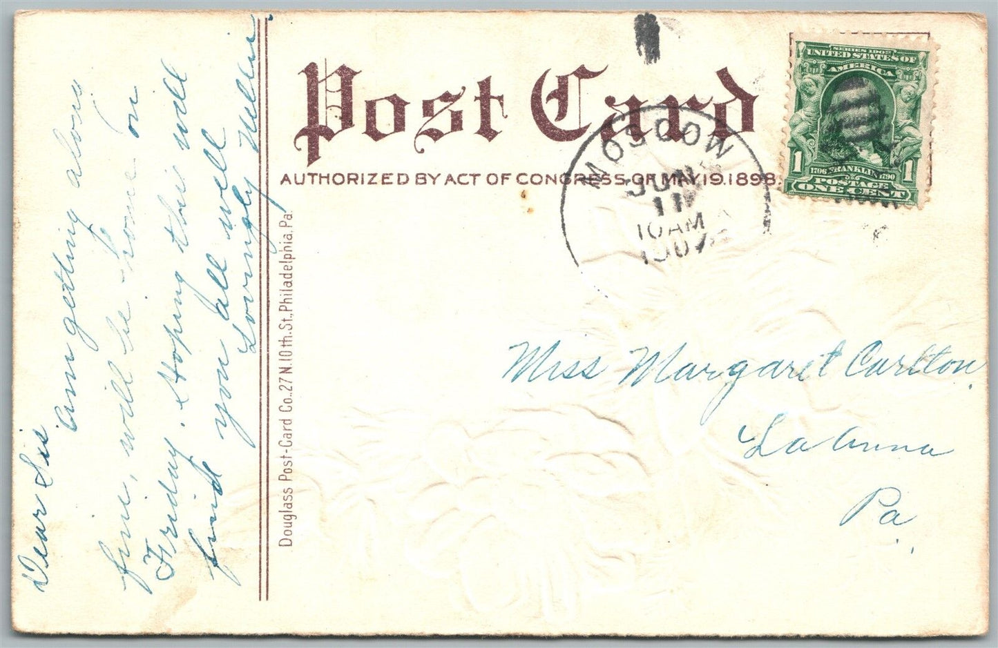 MOSCOW PA GREETINGS 1907 ANTIQUE POSTCARD