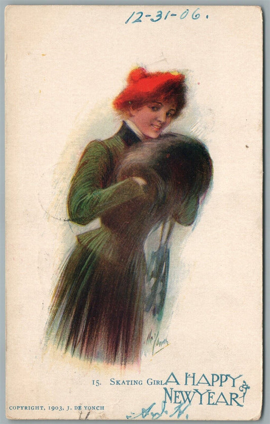 SKATING GIRL HAPPY NEW YEAR ARTIST SIGNED ANTIQUE POSTCARD