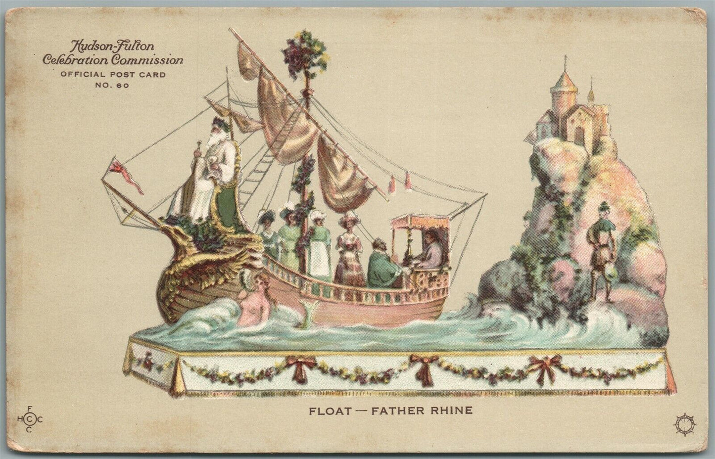 NEW YORK HUDSON-FULTON CELEBRATION FLOAT - FATHER RHINE ANTIQUE POSTCARD