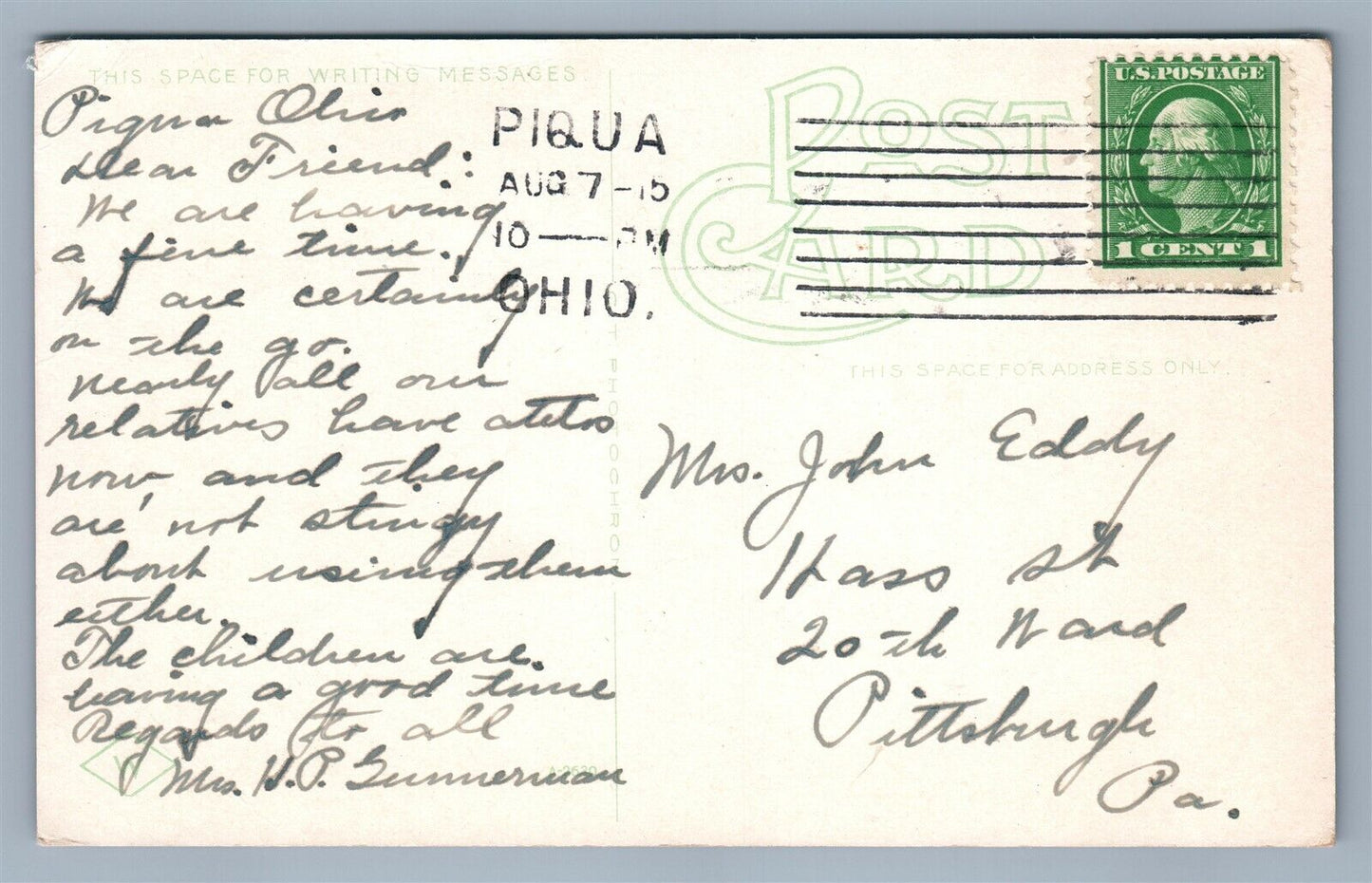 PIQUA OH ECHO LAKE ANTIQUE 1915 POSTCARD