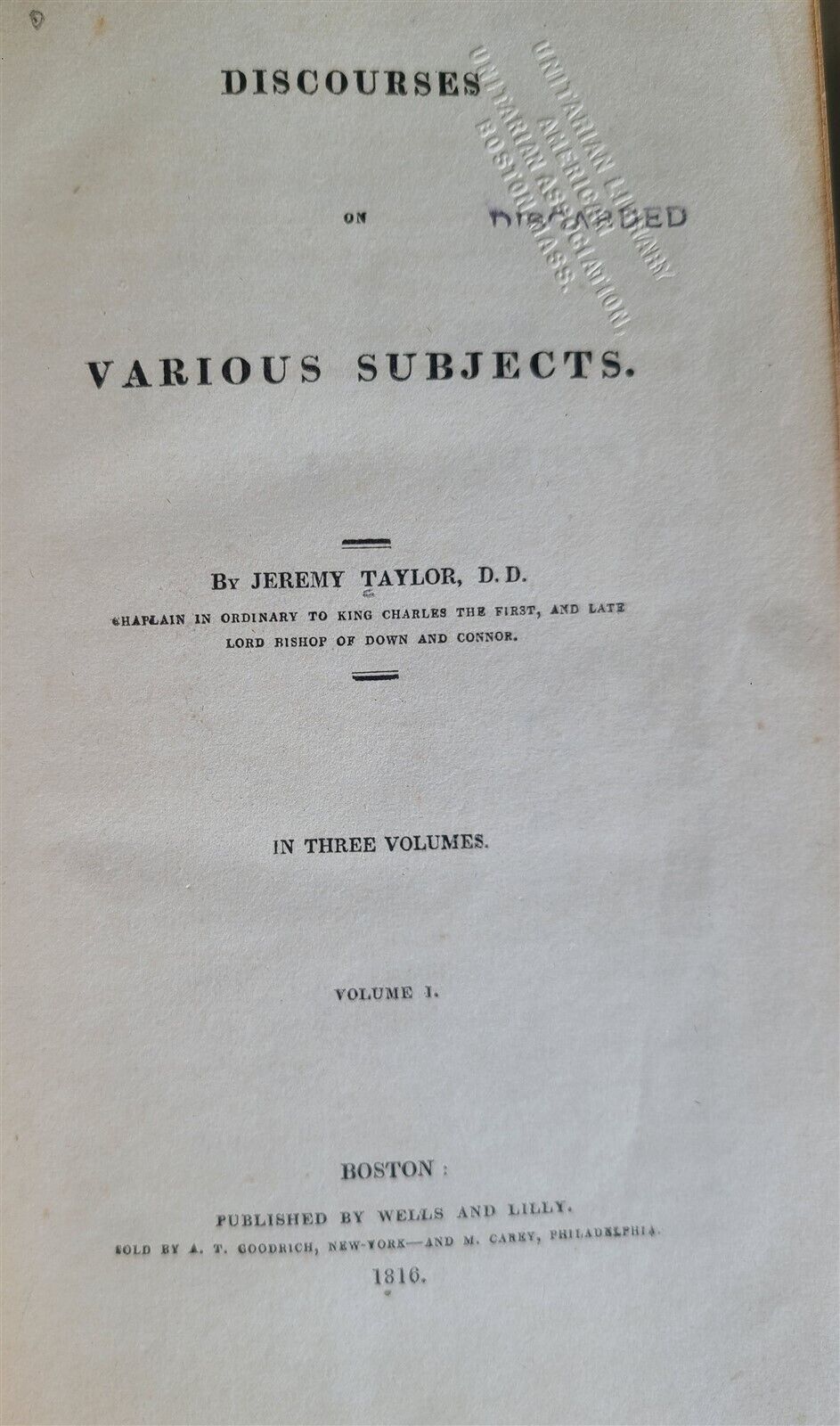 1816 DISCOURSES on VARIOUS SUBJECTS by J. TAYLOR 3 VOLS antique BOSTON AMERICANA