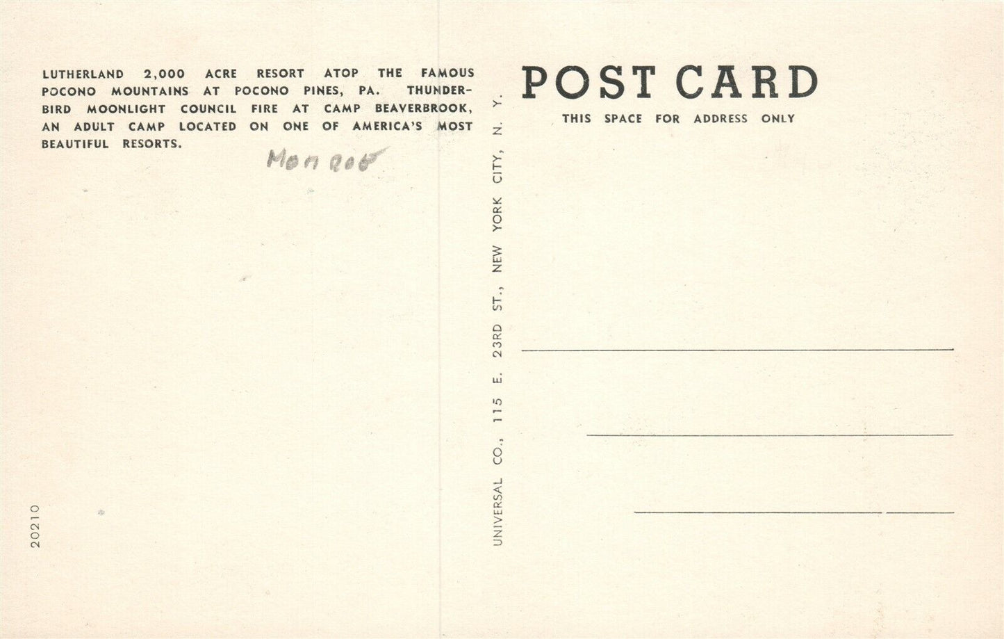 CAMP BEAVERBROOK THUNDERBIRD MOONLIGHT COUNCIL FIRE POCONO PA VINTAGE POSTCARD
