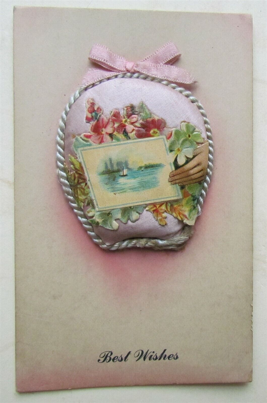 BEST WISHES ANTIQUE POSTCARD with APPLIQUE SILK SEASCAPE