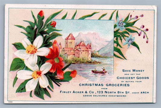 CHRISTMAS GROCERIES ANTIQUE VICTORIAN TRADE CARD ADVERTISING