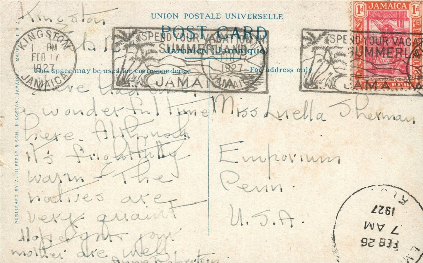 JAMAICA MONTEGO BAY 1927 ANTIQUE POSTCARD w/ STAMPS