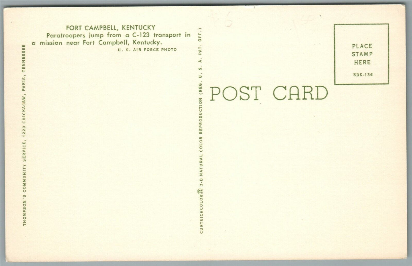 AIRPLANE PARATROOPERS JUMP from C-123 FORT CAMPBELL KY VINTAGE MILITARY POSTCARD