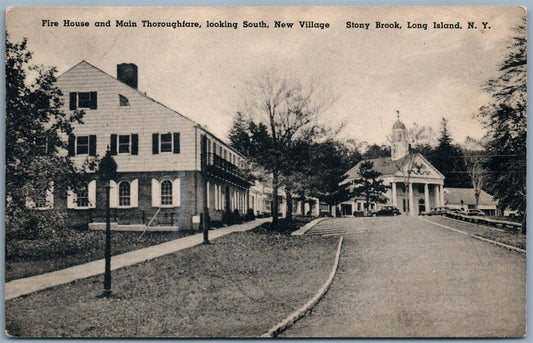 STONY BROOK LONG ISLAND NY FIRE HOUSE NEW VILLAGE VINTAGE POSTCARD