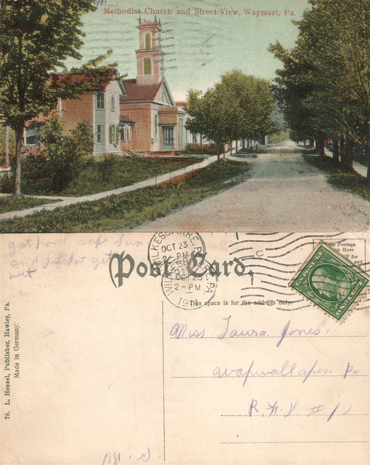 WAYMART PA METHODIST CHURCH & STREET VIEW 1911 ANTIQUE POSTCARD