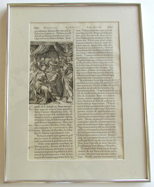 BIBLE LEAF w/ WOODCUT antique FOLIO FRAMED FOLIO JACOB BLESSING SONS of JOSEPH