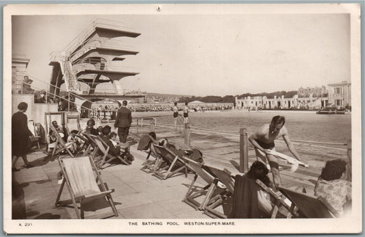 WESTON SUPER MARE UK BATHING POOL ANTIQUE REAL PHOTO POSTCARD RPPC