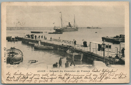 SHIP in ALGER PORT DEPART DU COURRIER DE FRANCE ANTIQUE POSTCARD w/ STAMP