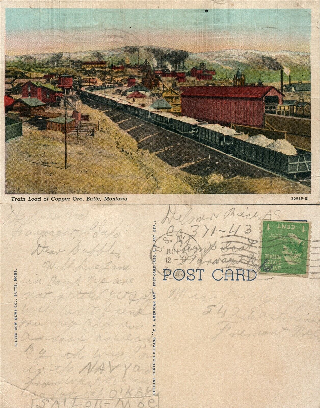 BUTTE MT TRAIN LOAD OF COPPER ORE 1943 VINTAGE POSTCARD RAILROAD RAILWAY