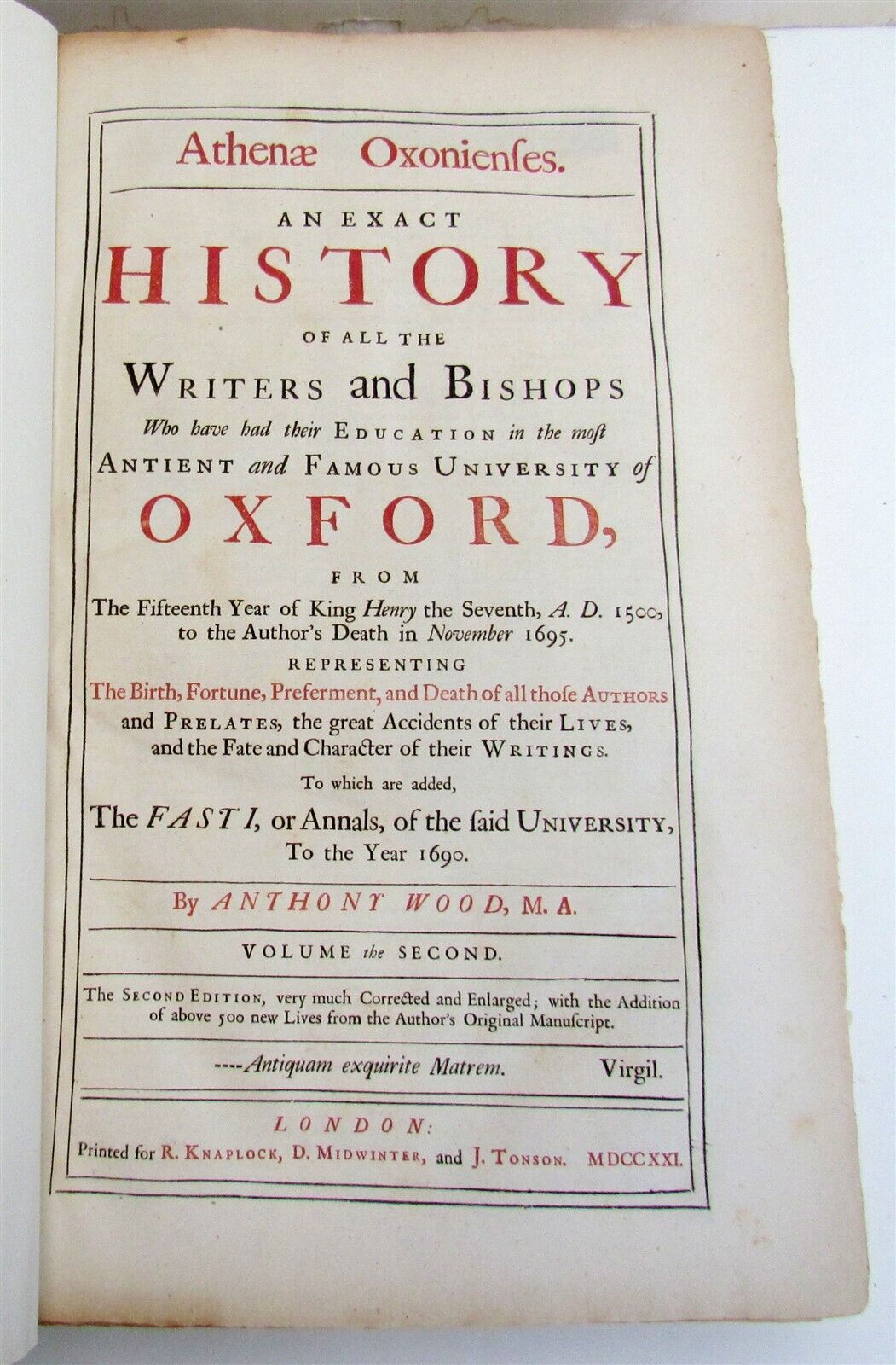 1721 HISTORY OF WRITERS & BISHOPS WHO HAD EDUCATION in OXFORD antique 2 FOLIOS