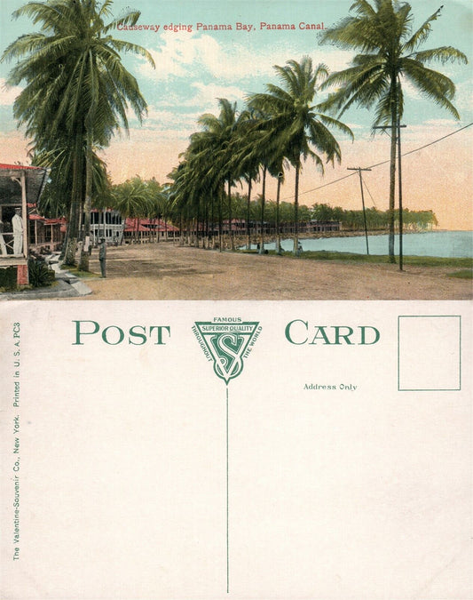 PANAMA CANAL CAUSEWAY EDGING PANAMA BAY ANTIQUE POSTCARD