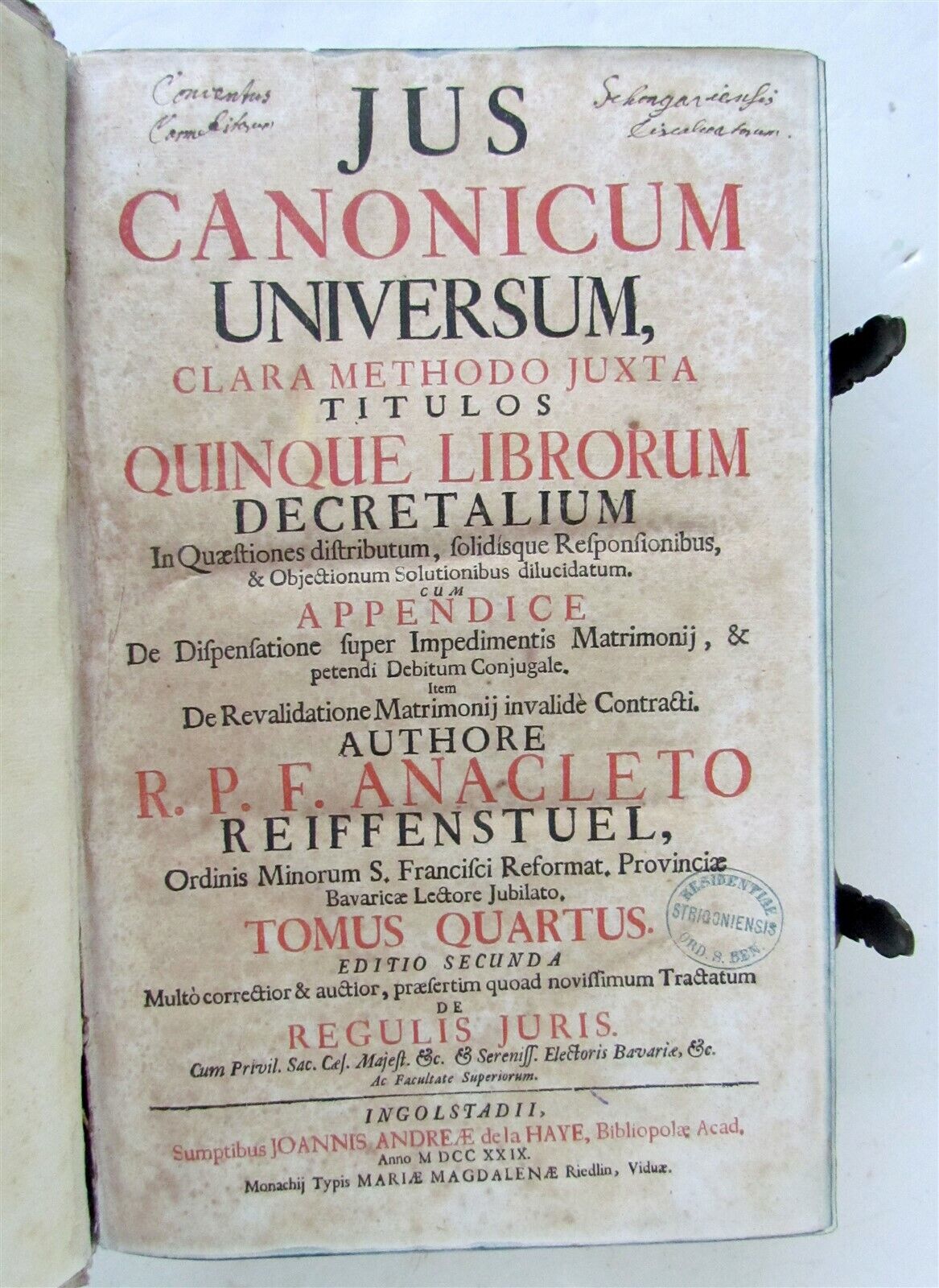 1729 CANON LAW Jus Canonicum Universum antique HAND TOOLED PIGSKIN BOUND FOLIO