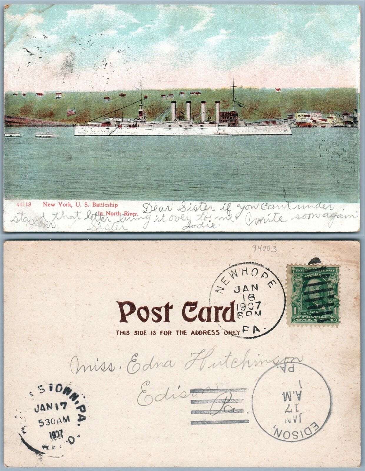 U.S. BATTLESHIP IN NORTH RIVER NEW YORK 1907 ANTIQUE PC CORK STAMP NEW HOPE PA