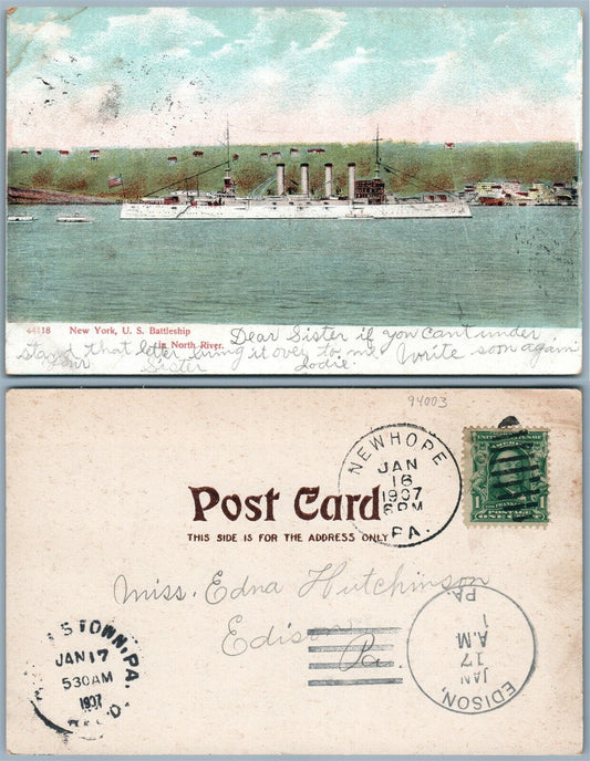 U.S. BATTLESHIP IN NORTH RIVER NEW YORK 1907 ANTIQUE PC CORK STAMP NEW HOPE PA