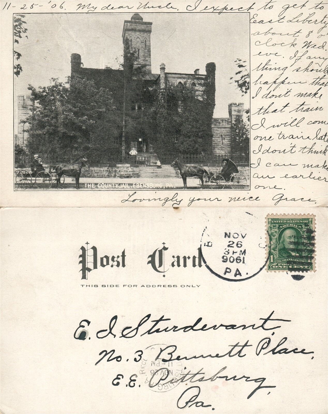 EBENSBURG PA COUNTY JAIL 1906 UNDIVIDED ANTIQUE POSTCARD