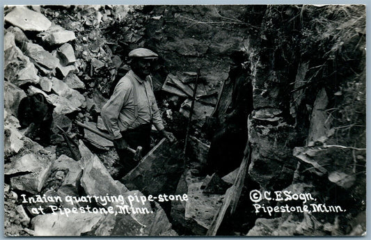 INDIAN QUARRYING PIPE-STONE PIPESTONE MN ANTIQUE REAL PHOTO PC RPPC by C.E. SOGN