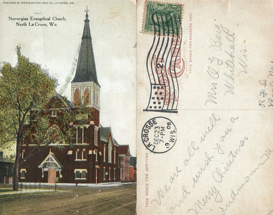 NORTH LA GROSSE WI NORWEGIAN EVANGELICAL CHURCH 1908 ANTIQUE POSTCARD