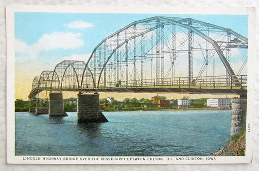 1920s ANTIQUE POSTCARD LINCOLN HIGHWAY BRIDGE FULTON ILL. & CLINTON IA