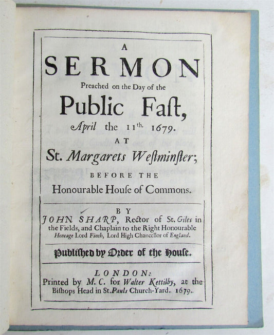 1679 SERMON PREACHED on the DAY of PUBLIC FAST antique in ENGLISH