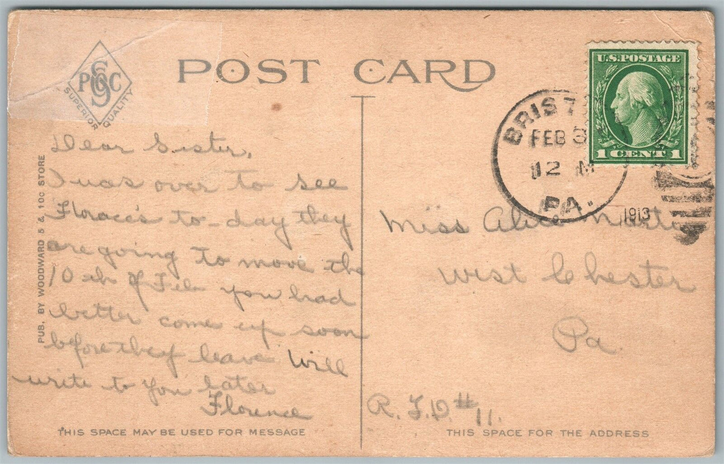BRISTOL BUCKS COUNTY PA JEFFERSON AVENUE 1913 ANTIQUE POSTCARD w/ CORK CANCEL