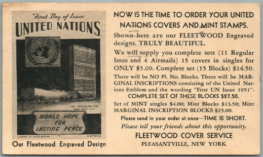 PLEASANTVILLE NY FLEETWOOD UNITED NATIONS COVERS & STAMPS ANTIQUE POSTCARD