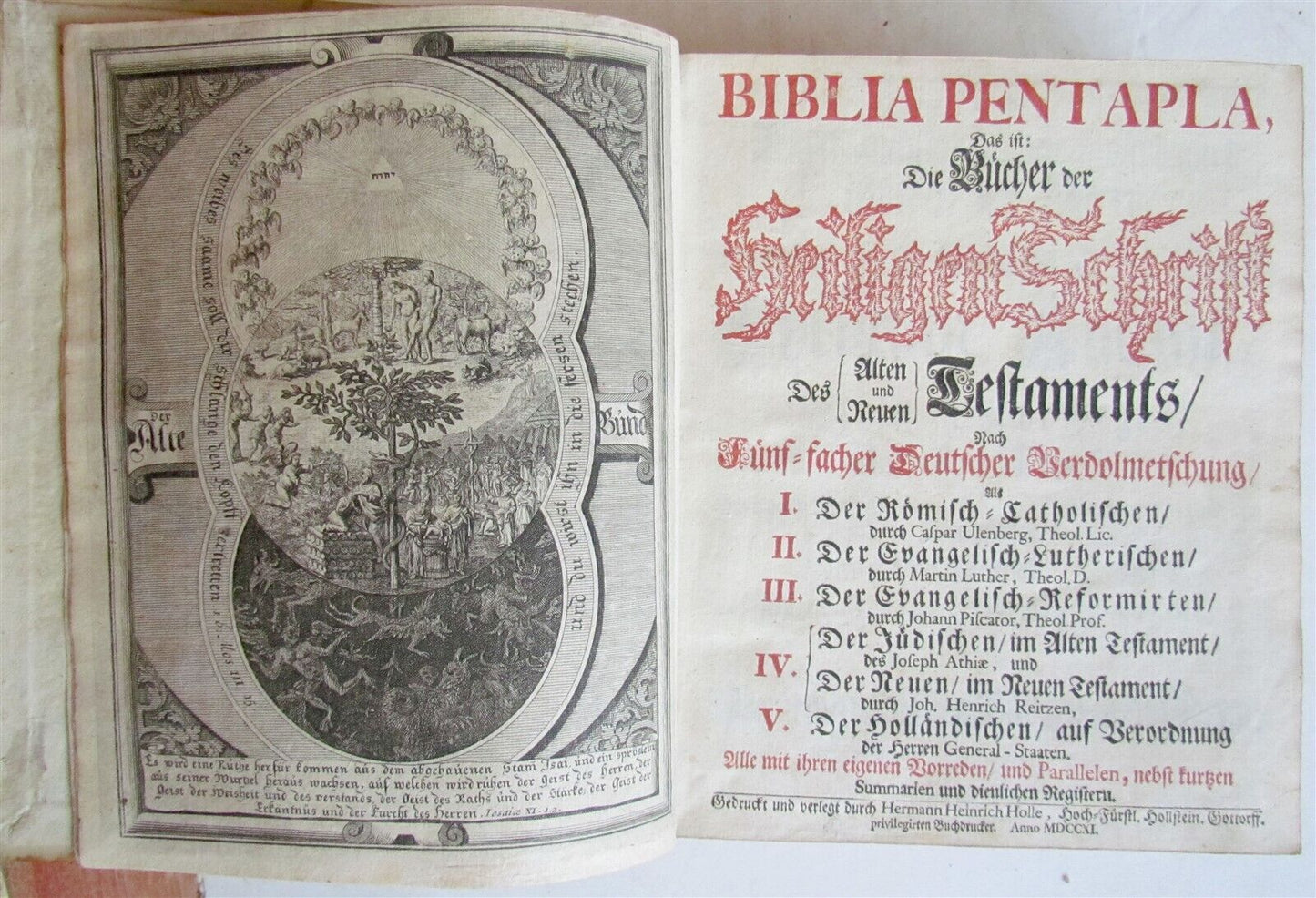 1710-1712 BIBLE in GERMAN BIBLIA PENTAPLA 2 VOLUMES w/ MAP antique VELLUM BOUND