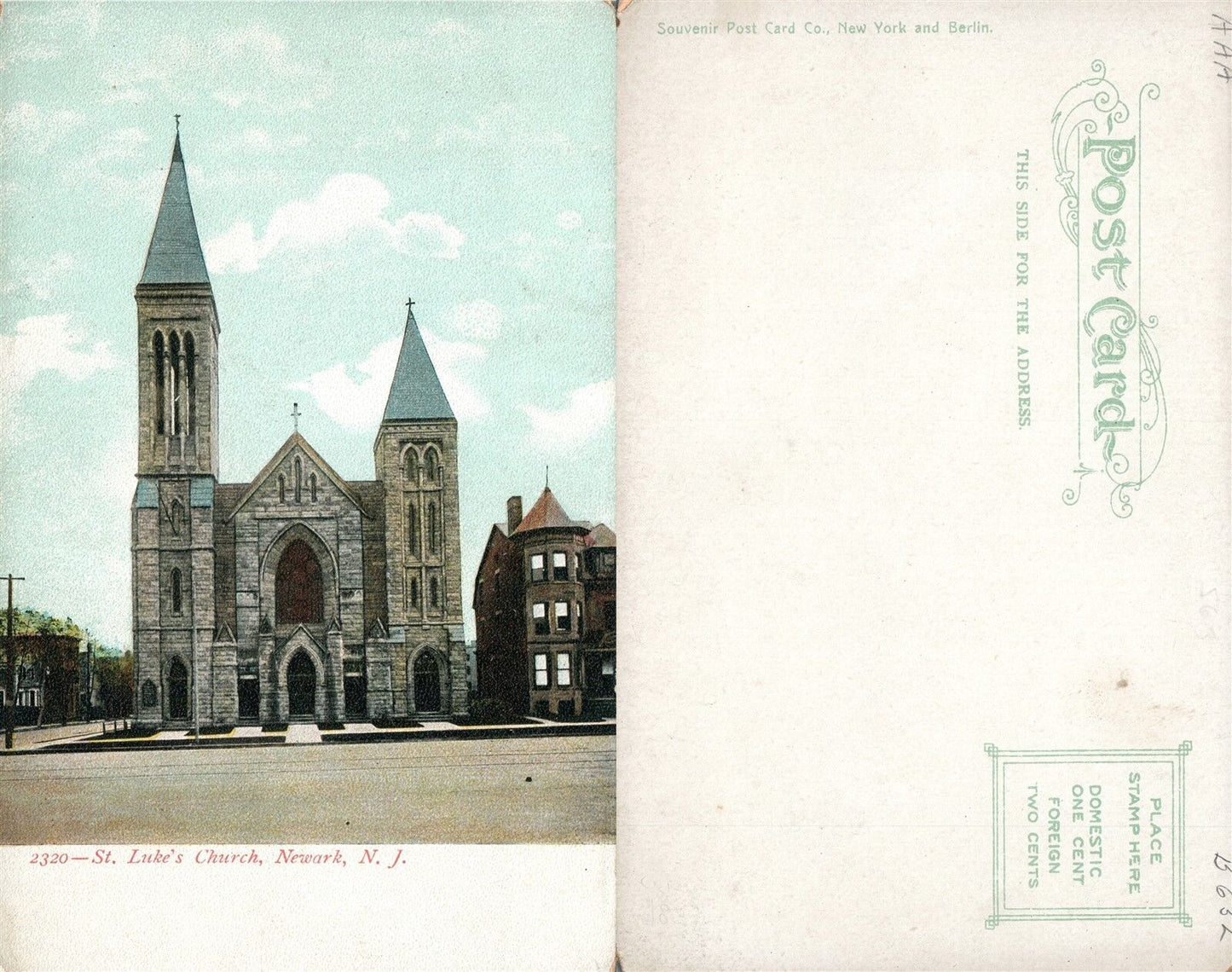 NEWARK N.J. ST.LUKE'S CHURCH UNDIVIDED ANTIQUE POSTCARD