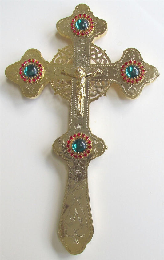 GREEK RUSSIAN ORTHODOX CHURCH BLESSING CROSS CRUCIFIX brass enamel