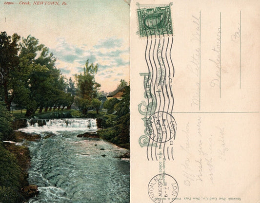 NEWTOWN PA BUCKS COUNTY CREEK ANTIQUE 1907 POSTCARD