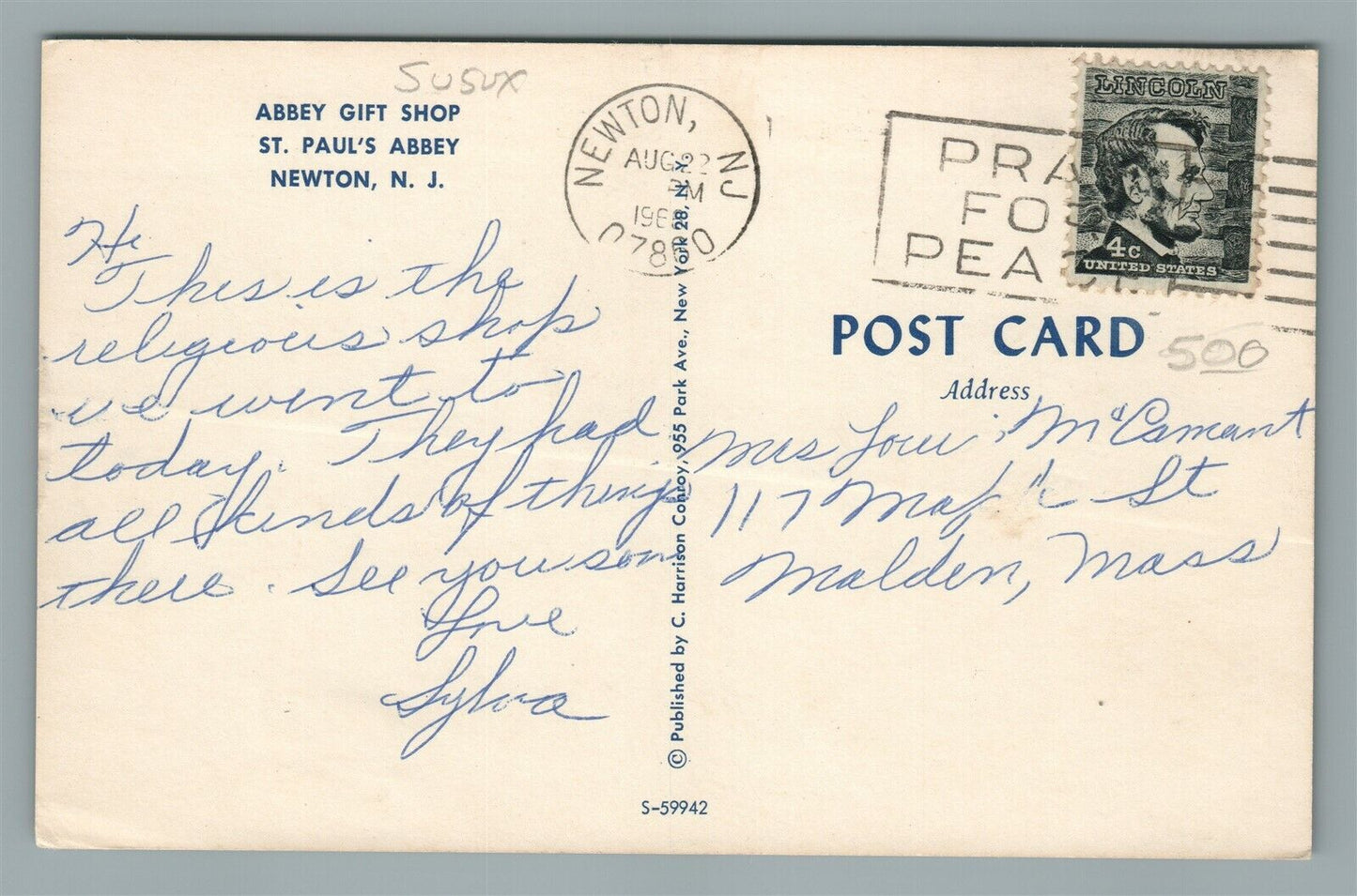NEWTON NJ ST.PAUL'S ABBEY GIFT SHOP VINTAGE POSTCARD
