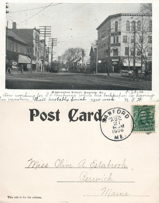 SANFORD ME WASHINGTON STREET 1906 UNDIVIDED ANTIQUE POSTCARD CORK CANCEL