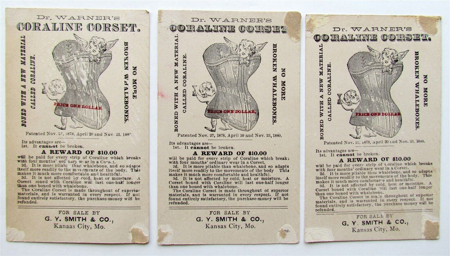 CAROLINE CORSET ADVERTISING lot OF 3 ANTIQUE VICTORIAN TRADE CARDS