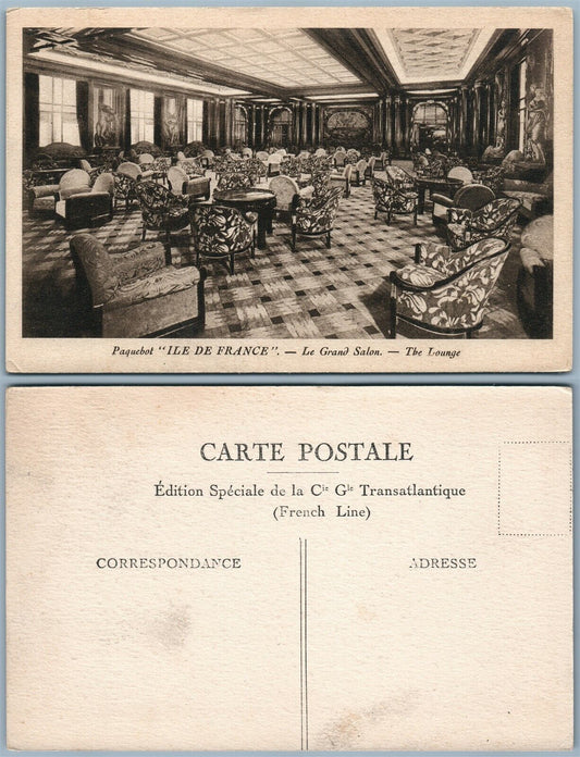 PAQUEBOT ILE DE FRANCE THE LOUNGE ANTIQUE POSTCARD