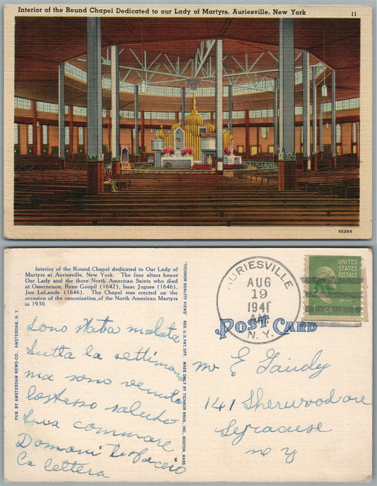 AURIESVILLE N.Y. ROUND CHAPEL INTERIOR 1941 VINTAGE POSTCARD