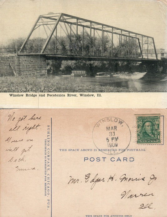 WINSLOW IL BRIDGE & PECATONICA RIVER 1909 ANTIQUE POSTCARD